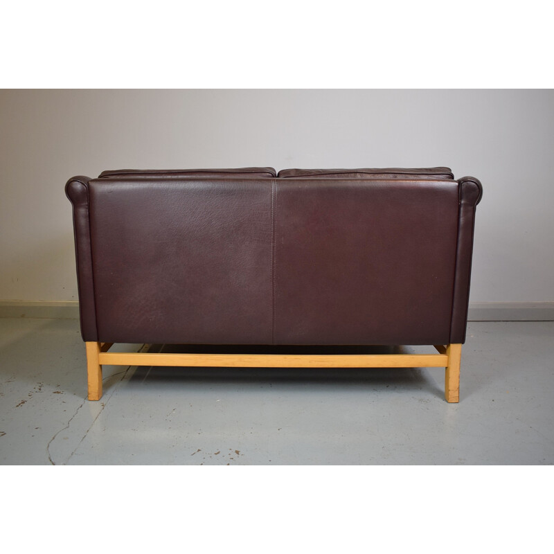 Vintage Danish Stouby burgundy leather & beech sofa - 1960s