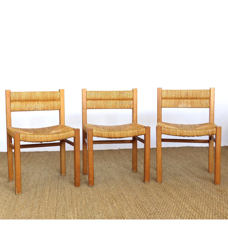 Set of 3 chairs in wood and straws, Pierre GAUTIER DELAYE - 1960s