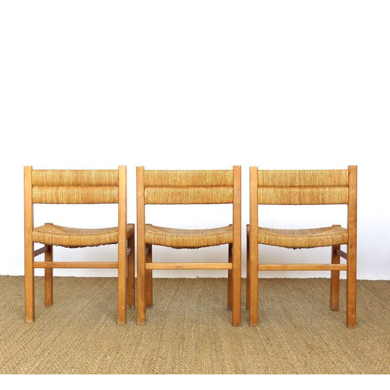 Set of 3 chairs in wood and straws, Pierre GAUTIER DELAYE - 1960s