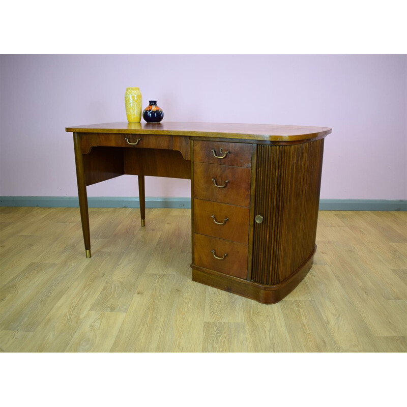 Vintage Danish walnut tambour pedestal desk with 5 drawers - 1950s