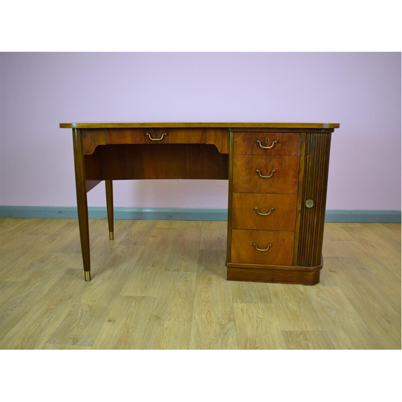 Vintage Danish walnut tambour pedestal desk with 5 drawers - 1950s