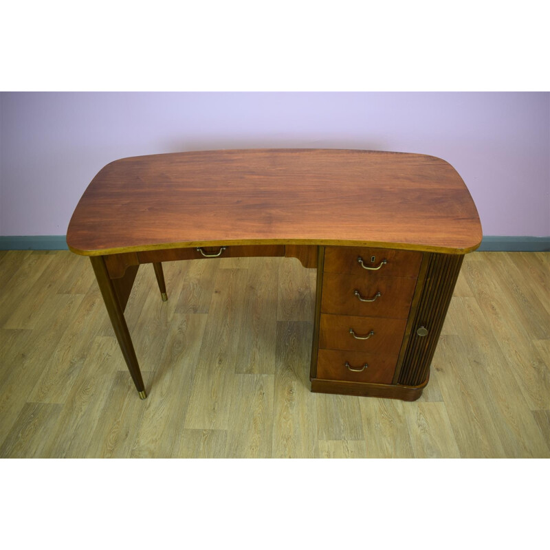 Vintage Danish walnut tambour pedestal desk with 5 drawers - 1950s