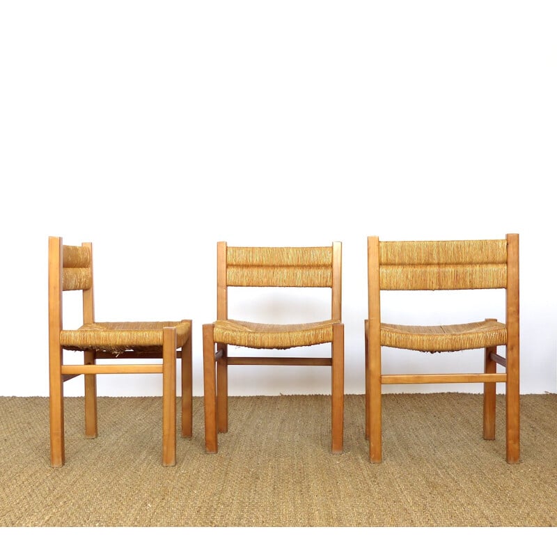 Ensemble de 3 chaises en bois et paille - 1960 