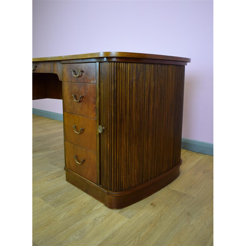 Vintage Danish walnut tambour pedestal desk with 5 drawers - 1950s