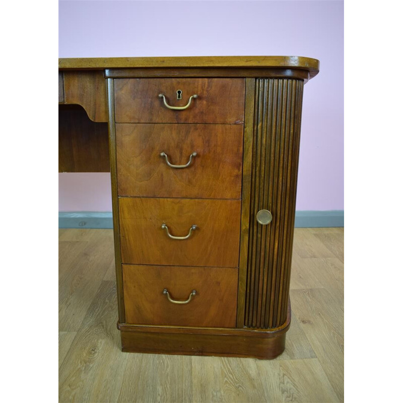 Vintage Danish walnut tambour pedestal desk with 5 drawers - 1950s