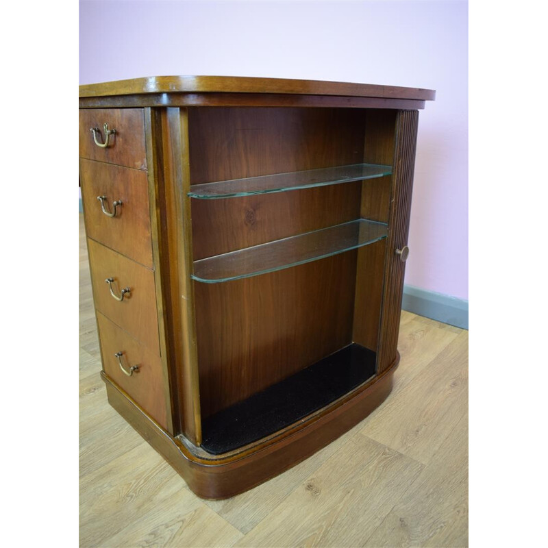 Vintage Danish walnut tambour pedestal desk with 5 drawers - 1950s