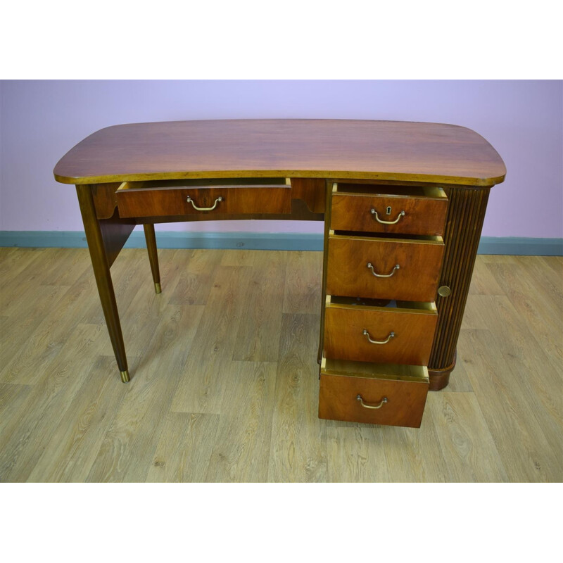 Vintage Danish walnut tambour pedestal desk with 5 drawers - 1950s