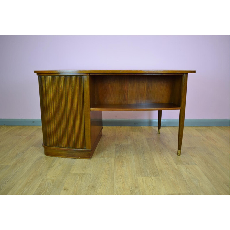 Vintage Danish walnut tambour pedestal desk with 5 drawers - 1950s