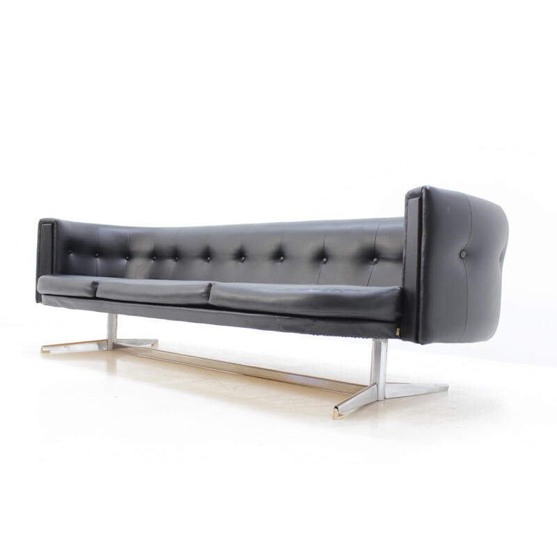 Vintage black leatherette and chromed sofa - 1970s