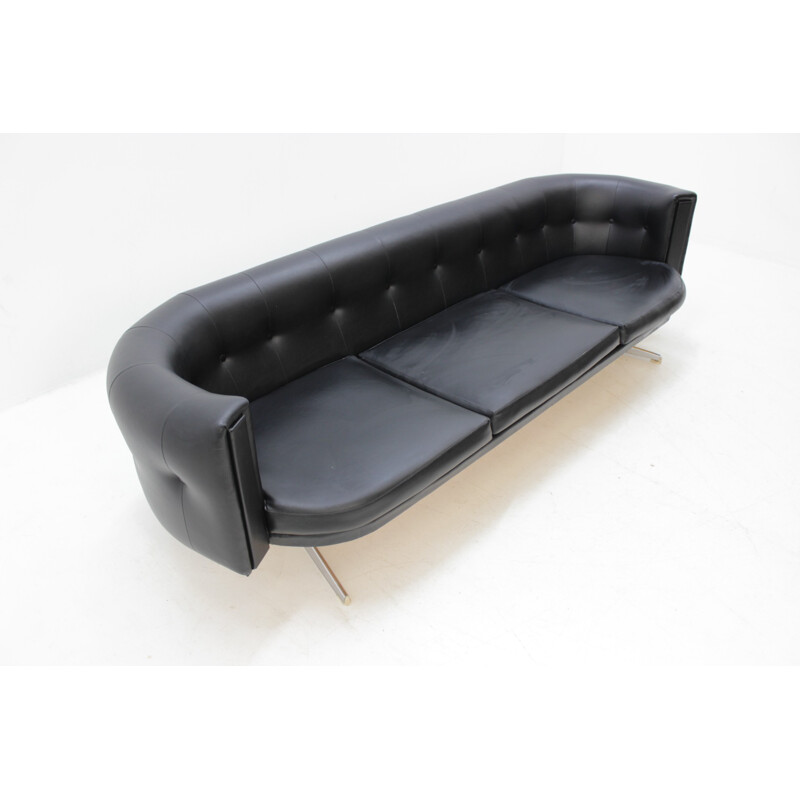 Grand canapé vintage en simili cuir noir - 1970