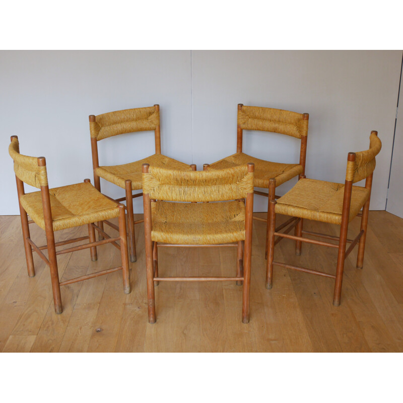 Suite de 5 chaises "Dordogne" en paille et bois pour Sentou - 1960