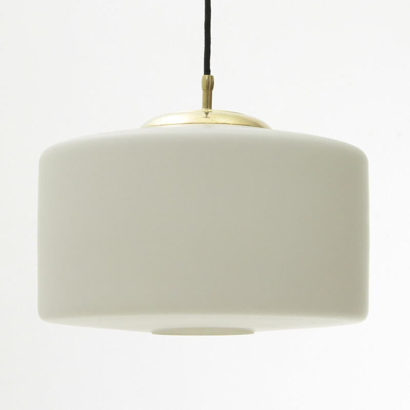 Vintage Italian pendant lamp in opaline glass and brass - 1950s