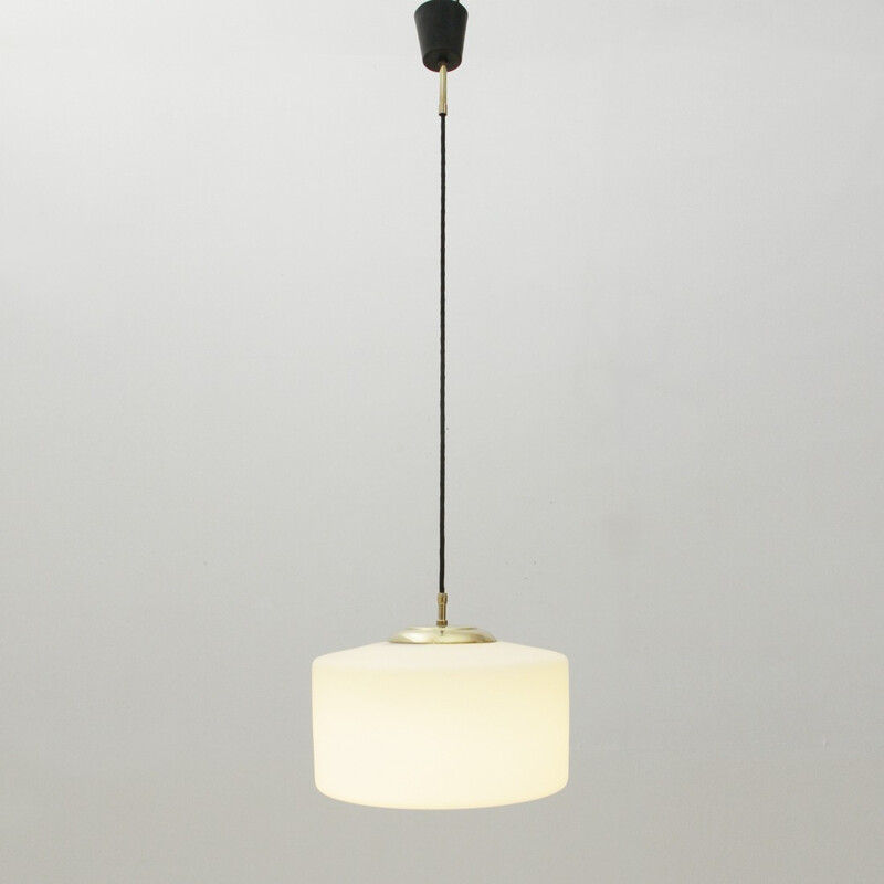 Vintage Italian pendant lamp in opaline glass and brass - 1950s