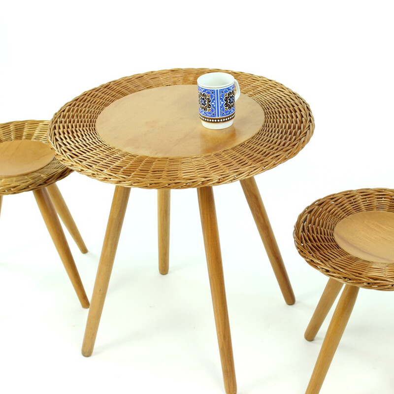 Set of 2 stools and 1 table made of wicker for UL'UV - 1960