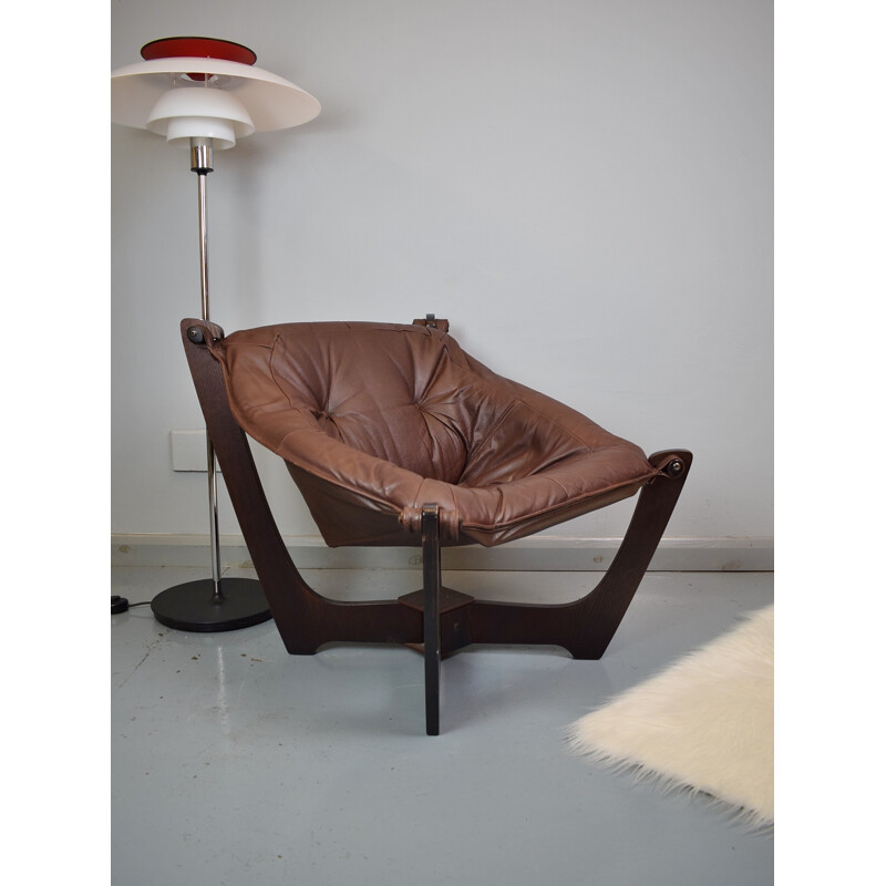 Vintage Norwegian "Luna" Brown Leather Lounge Chair by Odd Knutsen - 1970s