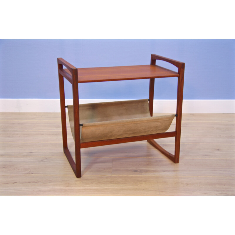 Vintage danish magazine rack in teak and suede - 1960s