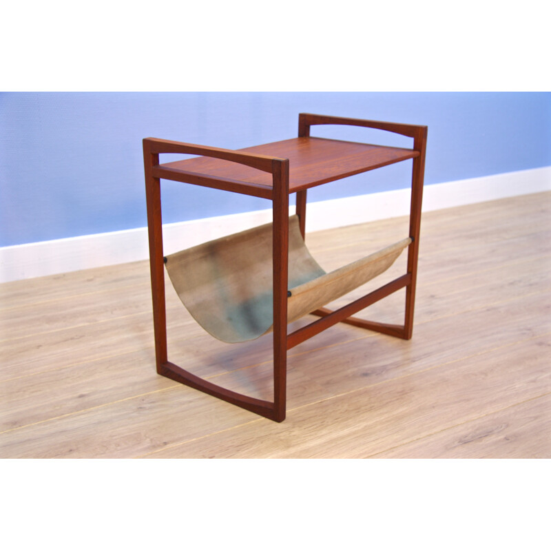 Vintage danish magazine rack in teak and suede - 1960s