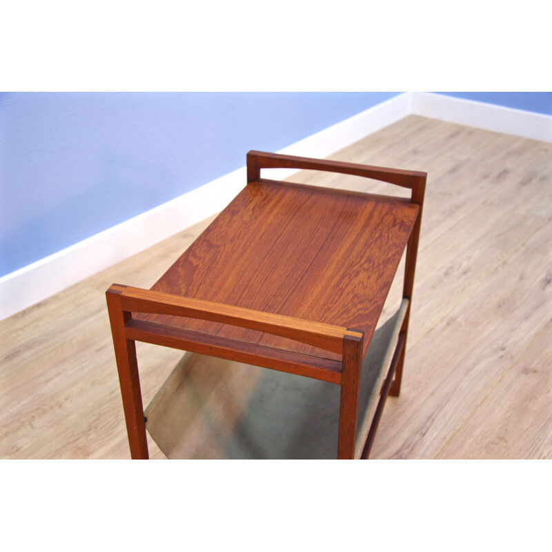 Vintage danish magazine rack in teak and suede - 1960s