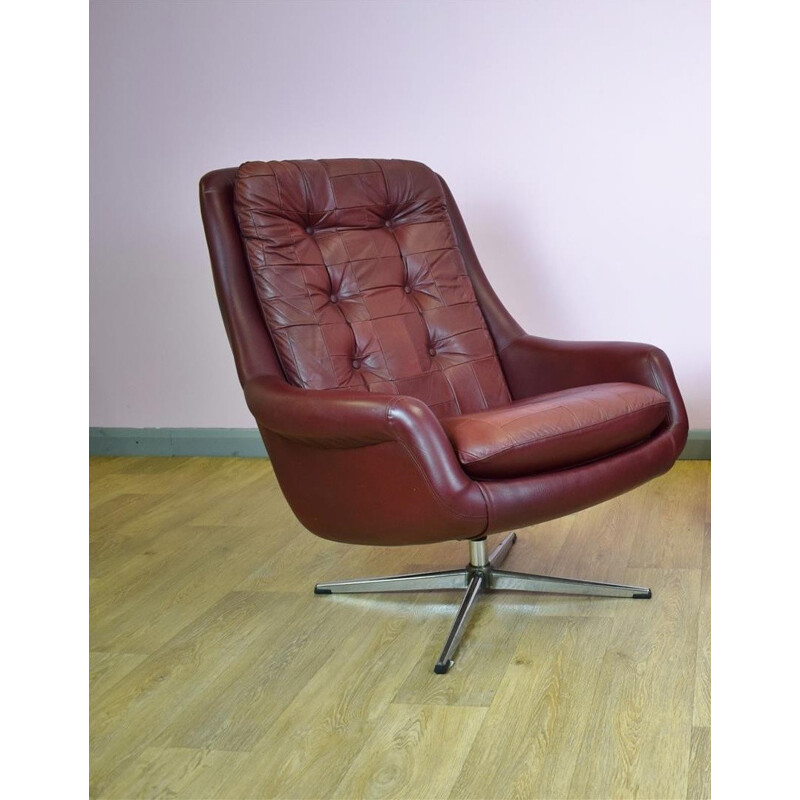 Vintage Danish burgundy leather swivel lounge armchair - 1970s