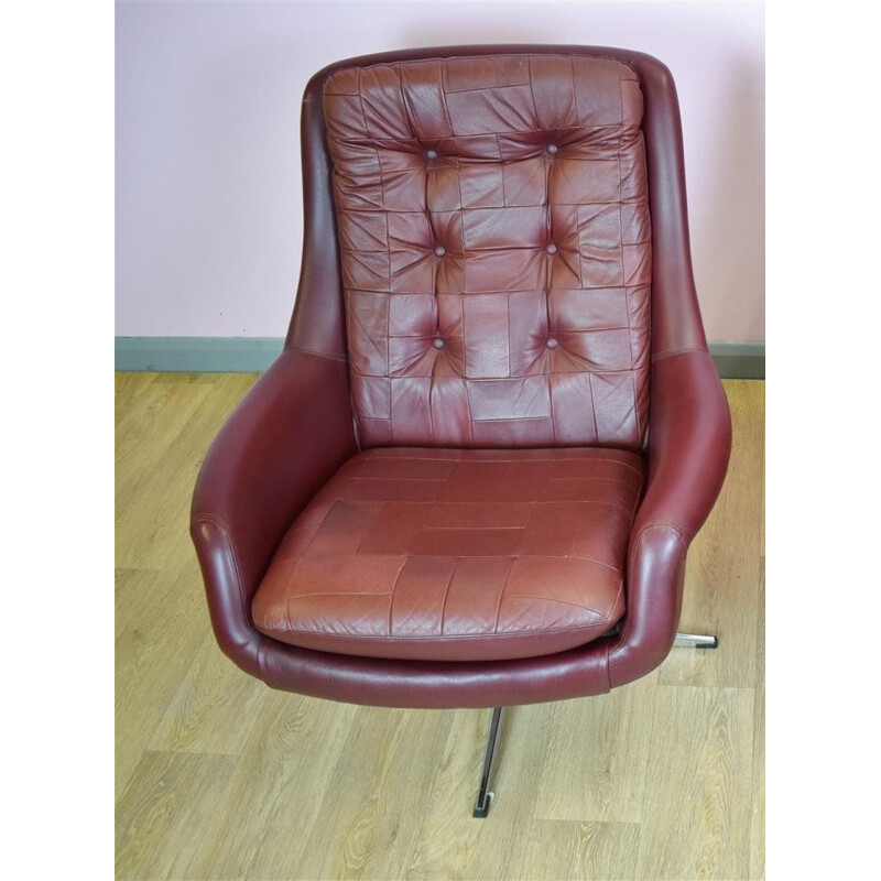 Fauteuil lounge vintage pivotant en cuir bourgogne - 1970