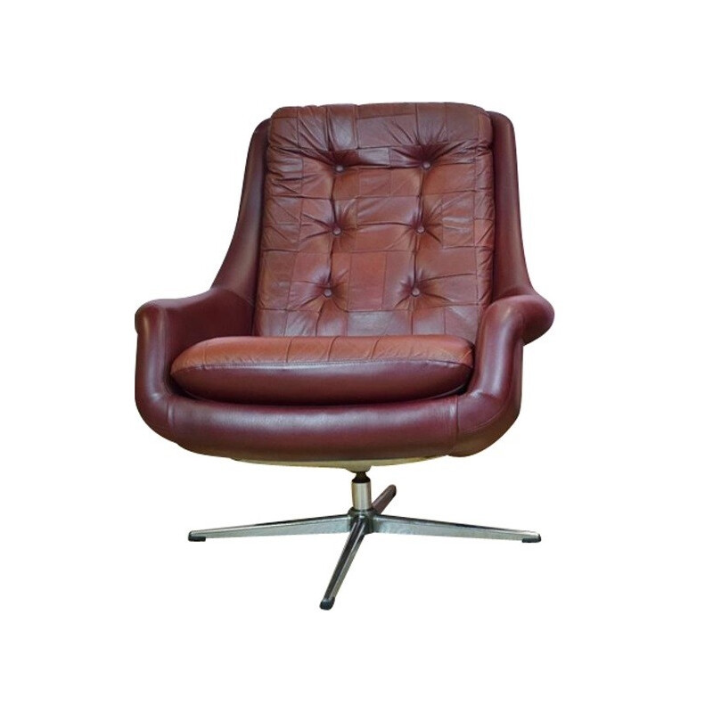 Vintage Danish burgundy leather swivel lounge armchair - 1970s