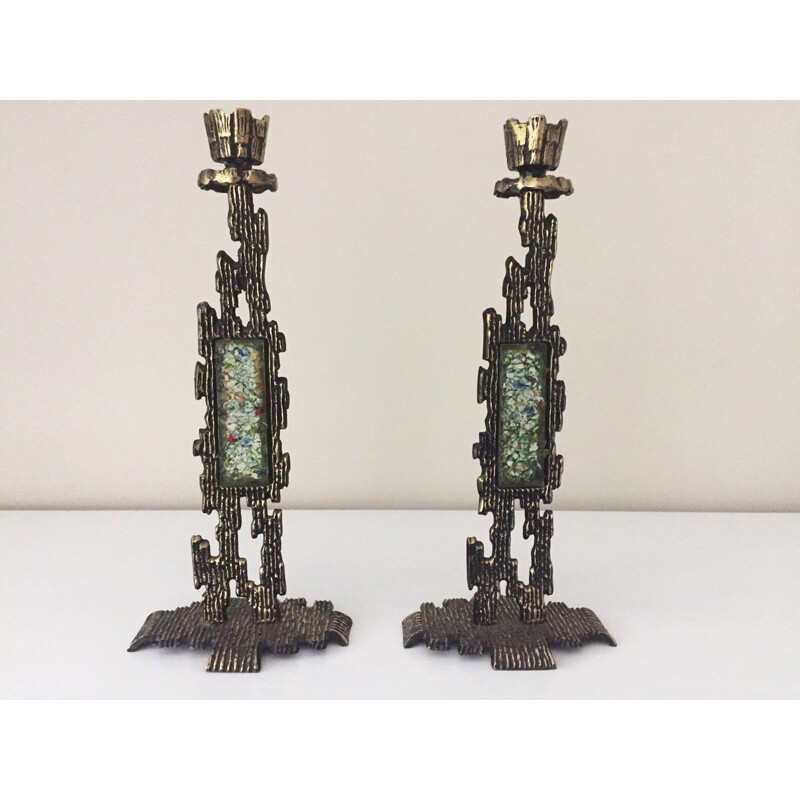 Vintage pair of brutalist candlesticks enamelled metal - 1970s