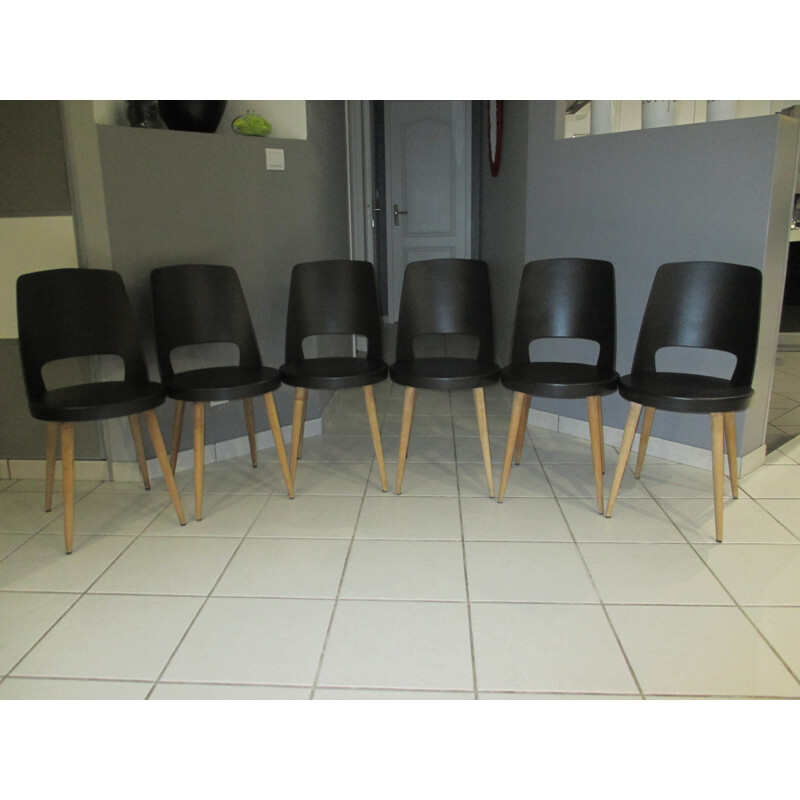 Vintage set of 6 chairs in beech by Mondor for Baumann - 1960s