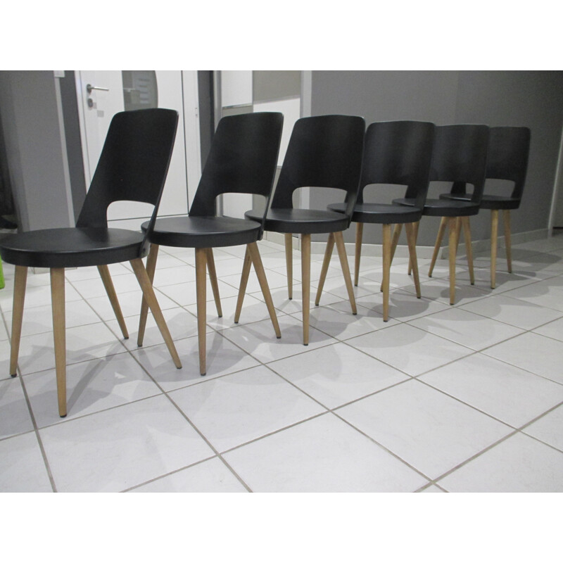 Vintage set of 6 chairs in beech by Mondor for Baumann - 1960s