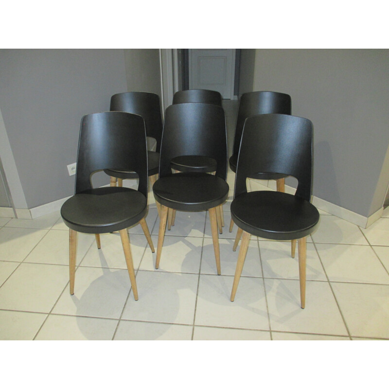 Vintage set of 6 chairs in beech by Mondor for Baumann - 1960s