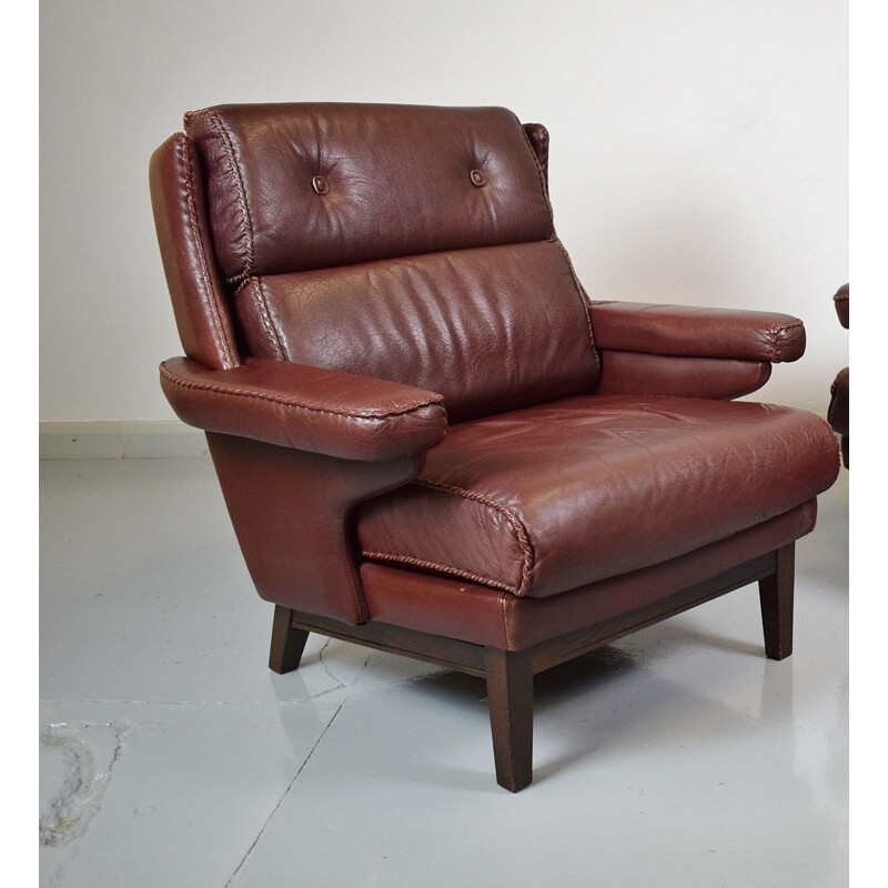 Vintage Burgundy Leather Lounge Armchair - 1970s