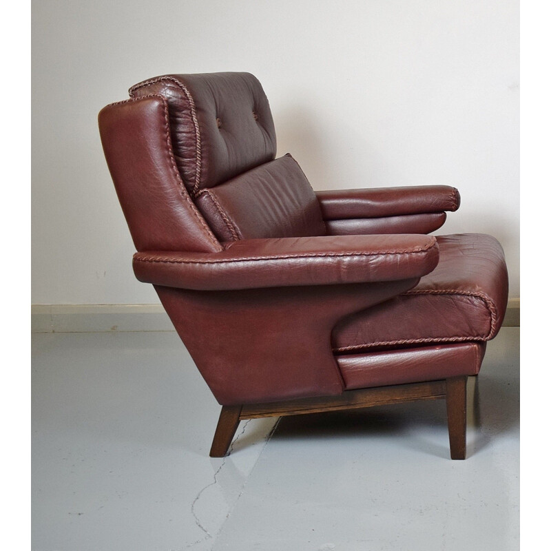 Vintage Burgundy Leather Lounge Armchair - 1970s