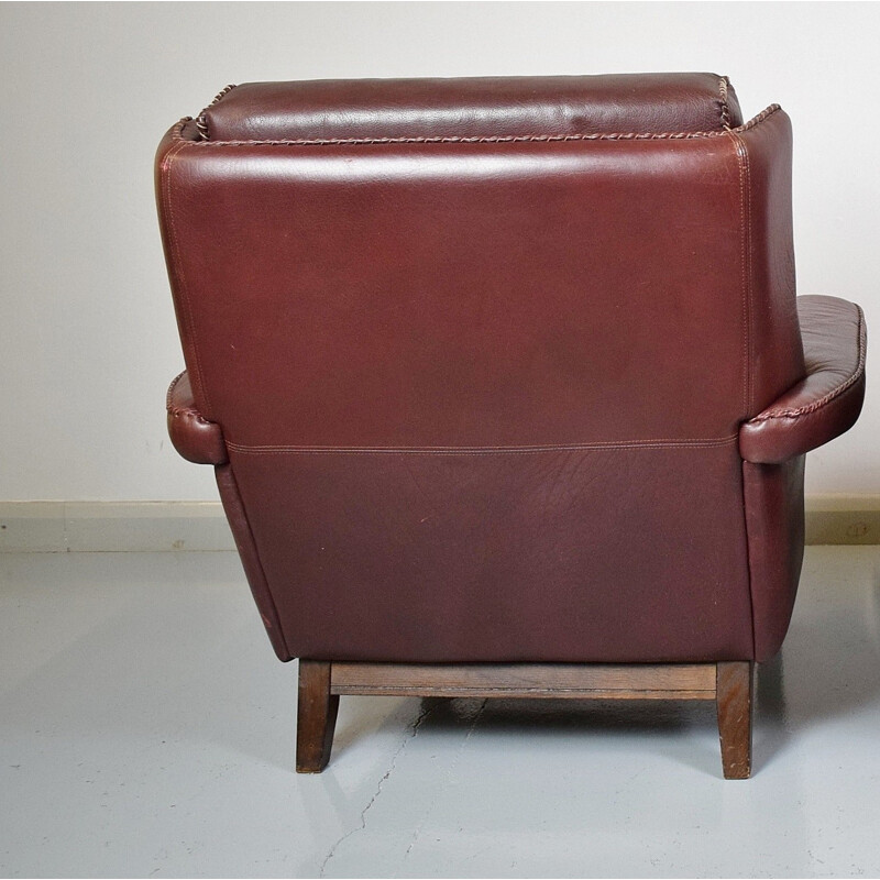 Vintage Burgundy Leather Lounge Armchair - 1970s