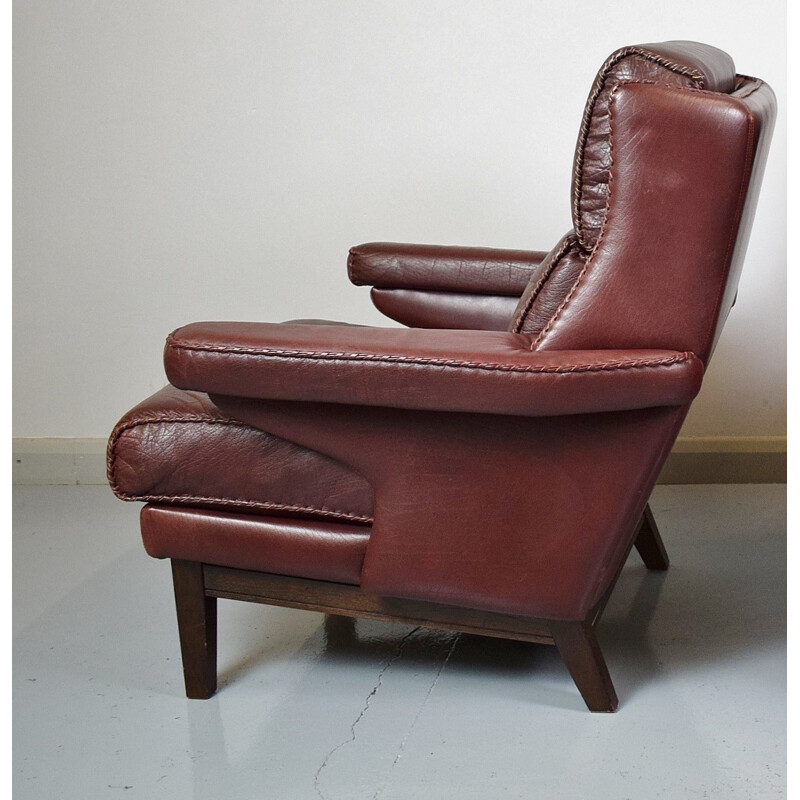 Vintage Burgundy Leather Lounge Armchair - 1970s