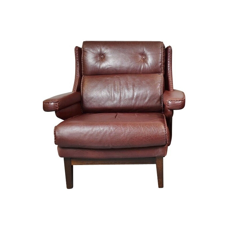 Vintage Burgundy Leather Lounge Armchair - 1970s