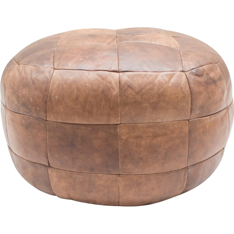 Vintage Brown Leather Pouf - 1960s