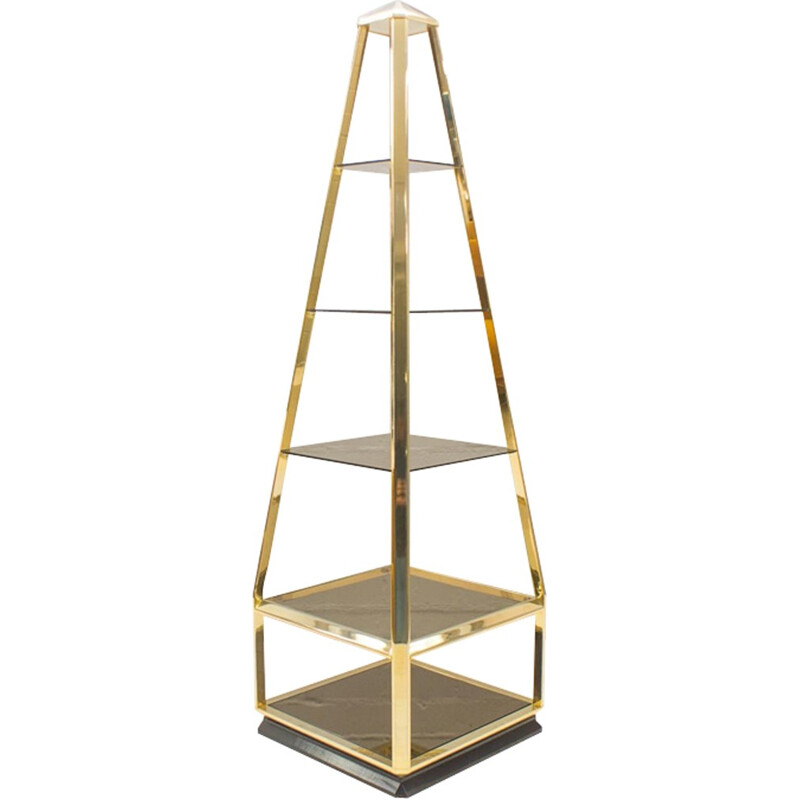 Vintage shelf in gilded brass and smoked glass, 1960