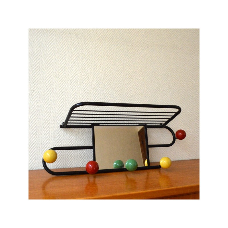 Coat rack in black metal, glass and coloured wood - 1950s