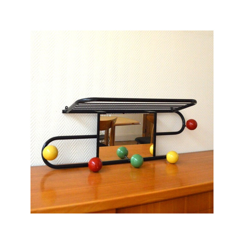 Coat rack in black metal, glass and coloured wood - 1950s