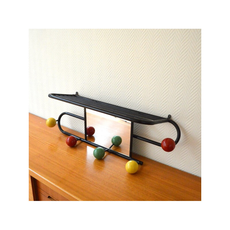 Coat rack in black metal, glass and coloured wood - 1950s