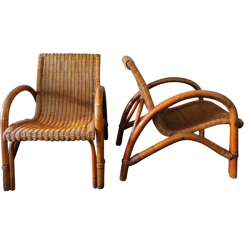 Set of 2 vintage cocktail chairs in bamboo and rattan - 1960s