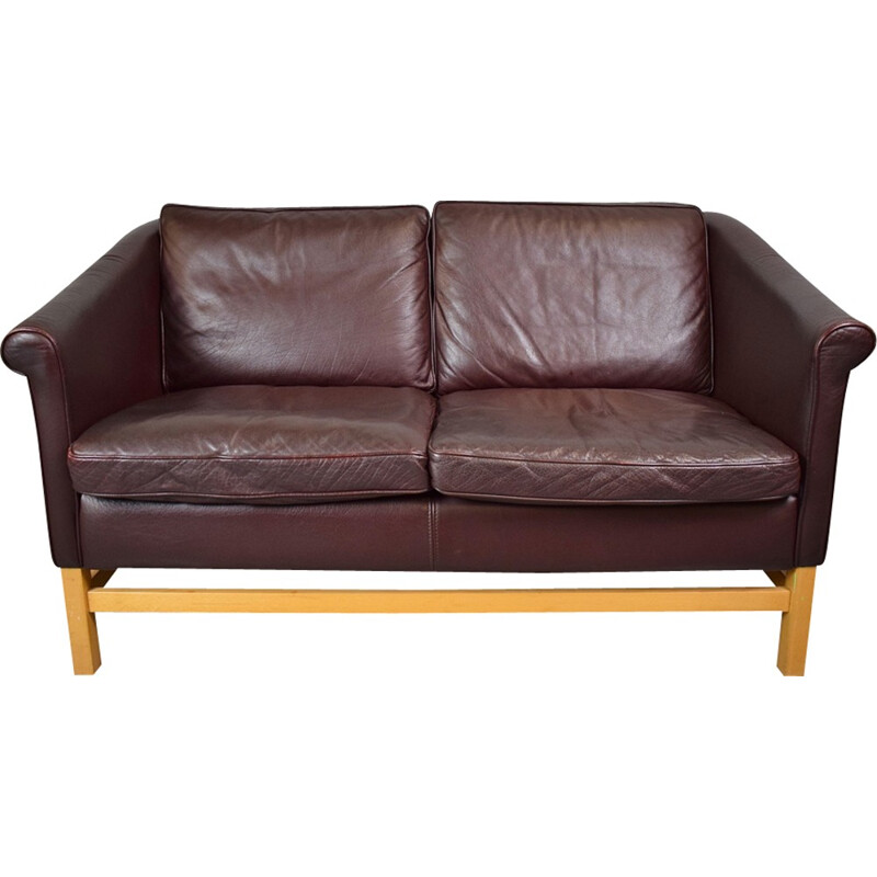 Vintage Danish Stouby burgundy leather & beech sofa - 1960s