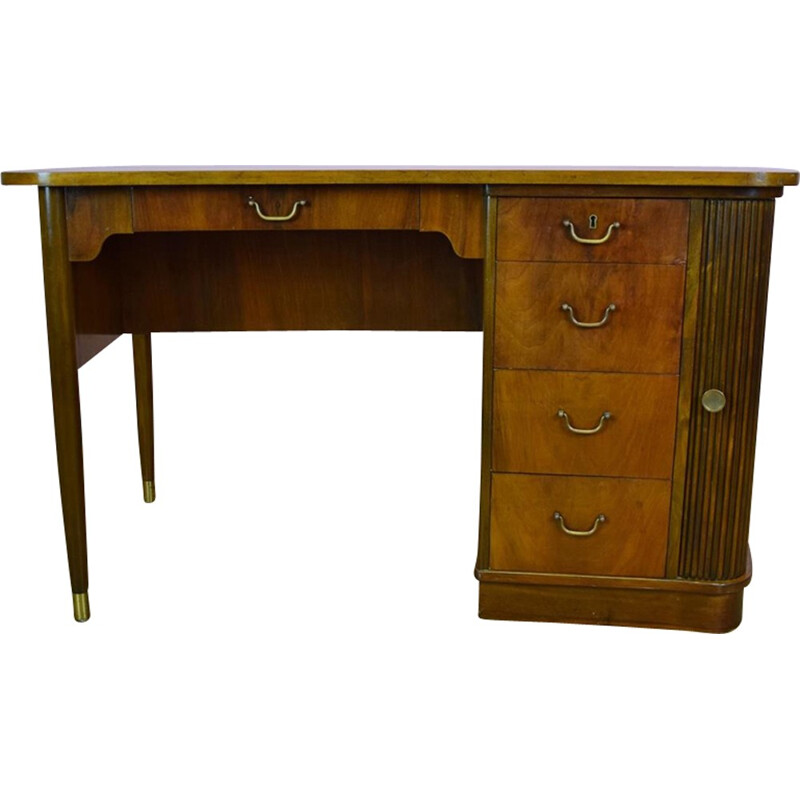 Vintage Danish walnut tambour pedestal desk with 5 drawers - 1950s