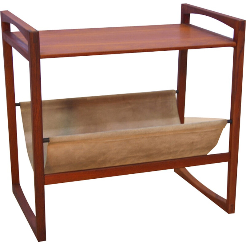 Vintage danish magazine rack in teak and suede - 1960s