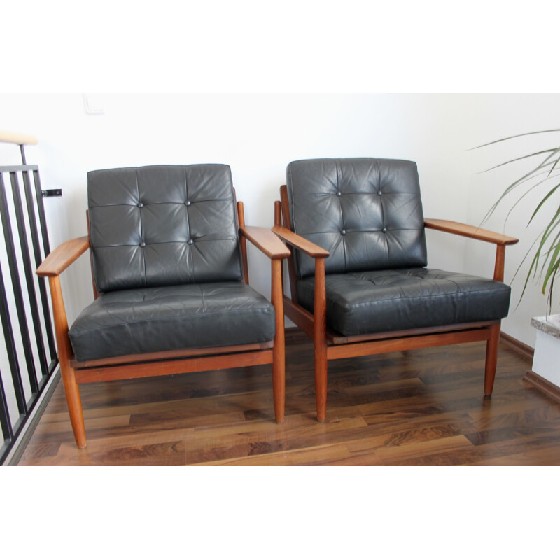 Set of 2 teak and leather easy chairs - 1960s