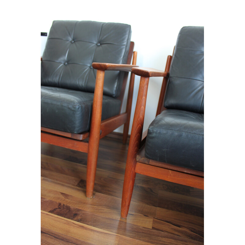 Set of 2 teak and leather easy chairs - 1960s