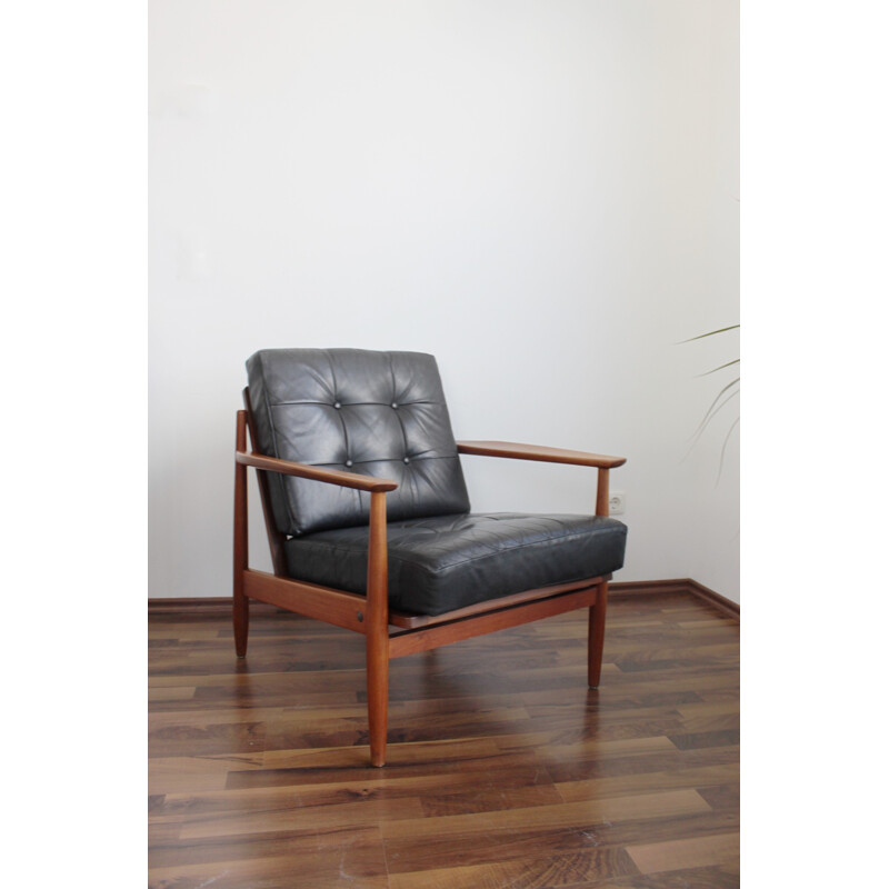 Set of 2 teak and leather easy chairs - 1960s