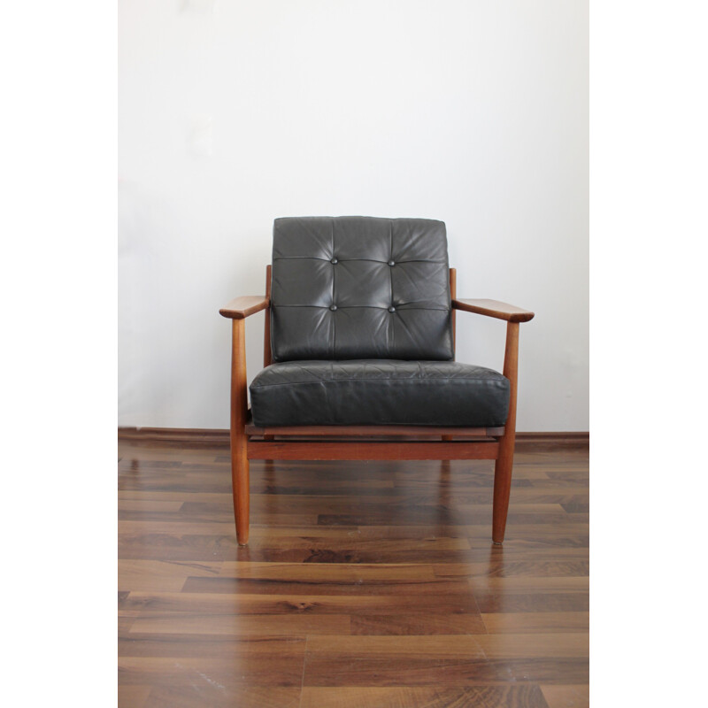 Set of 2 teak and leather easy chairs - 1960s