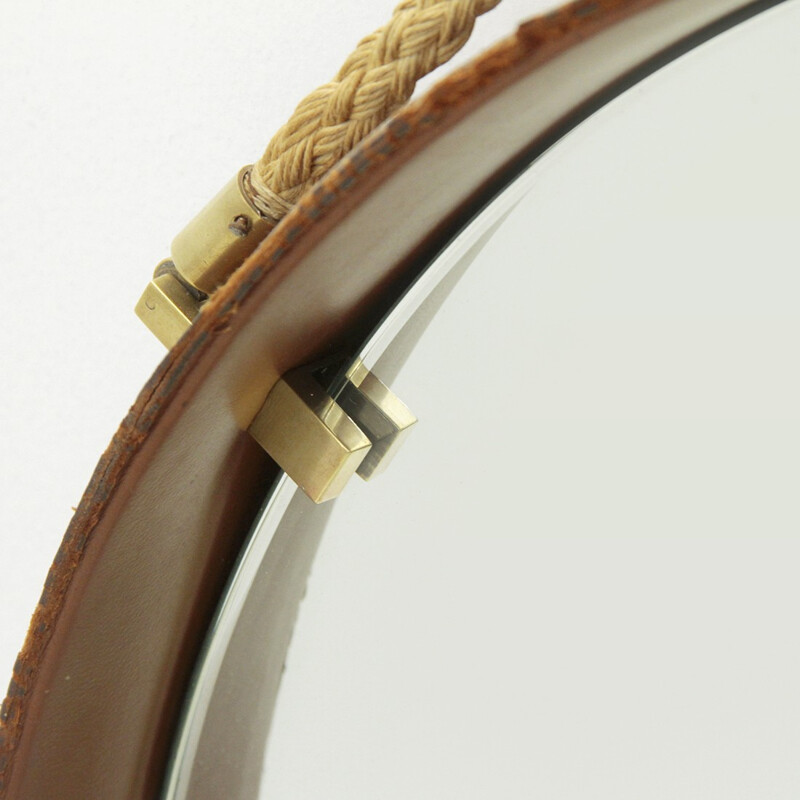 Leather and brass round mirror by Pizzetti - 1950s