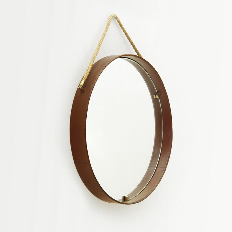 Miroir rond en cuir et laiton par Pizzetti - 1950