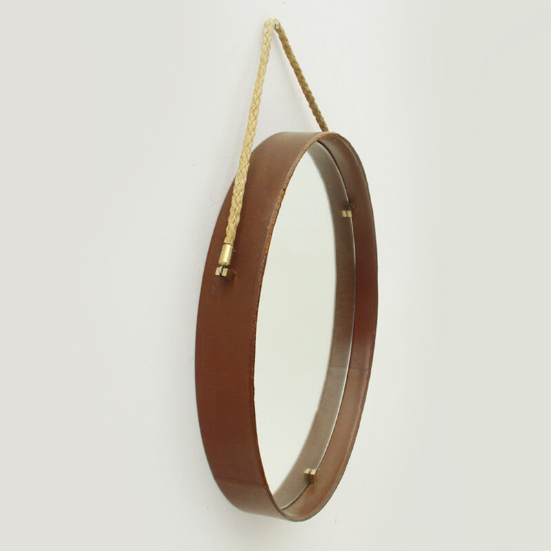 Leather and brass round mirror by Pizzetti - 1950s